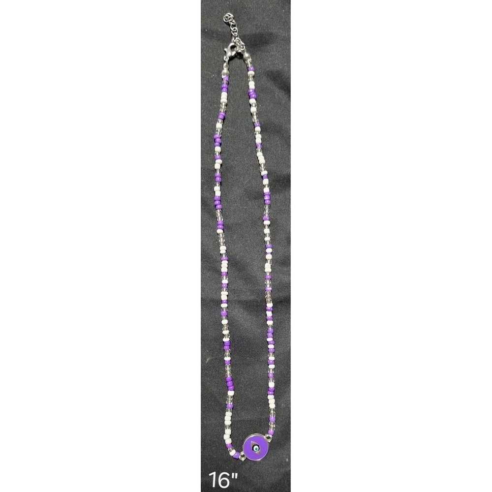 Vintage Beaded Evil Eye Necklace Purple White Glass Bead Bohemian 16 Inch